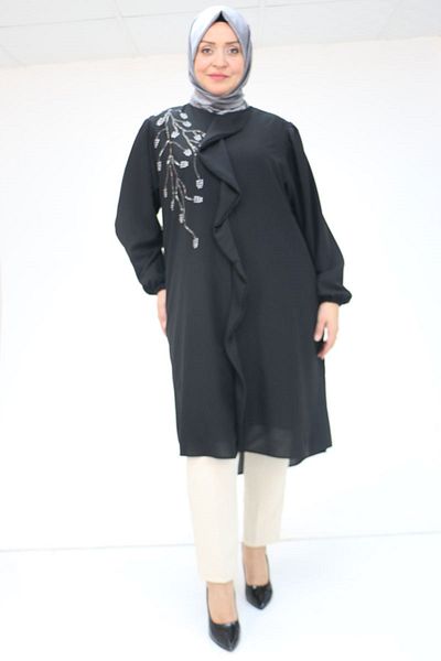 Eslina 58016 Plus Size Front Flounce Chiffon Tunic - Black