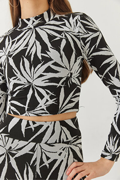 Bianco Lucci Set crop cu mânecă lungă cu jumătate de gât țesut pentru femei, cu pantaloni cu talie elastică 60261375