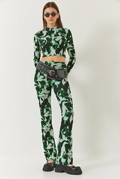 Bianco Lucci Γυναικείο μισό ζιβάγκο με μακρυμάνικο Crop πάνω κάτω κοστούμι με ελαστικό παντελόνι μέσης 60261375