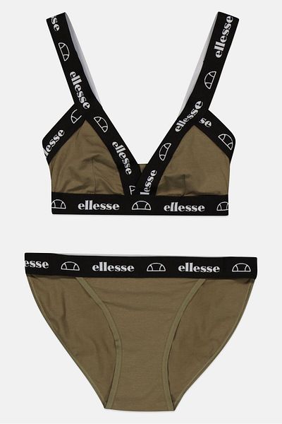 Ellesse طقم حمالة صدر وملابس داخلية للنساء، قطعتين، أسود زيتوني