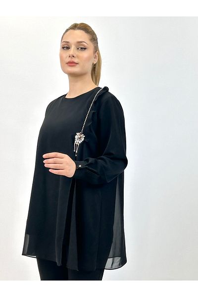 Ayda Triko Zero Collar Crepe and Chiffon Pleat - Stone Embellished Plus Size Blouse