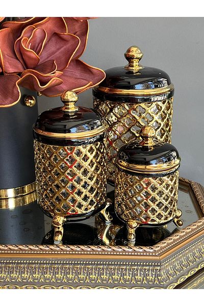 ROSSEV 3-Piece Wicker Jar Set - Black Gold, Vacuum Lid