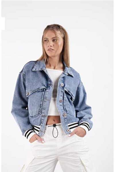 MODA Τζιν μπουφάν με ριμπάναλα στις μανσέτες και στο τελείωμα της φούστας