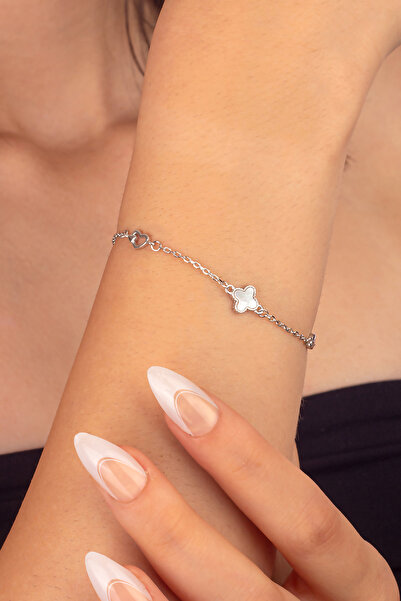 Else Silver 925 Ayar Sedef Taşlı Yonca Gümüş Bileklik