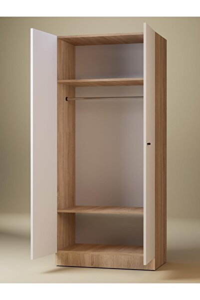 Detamob 2 Kapaklı Tek Kişilik Gardırop, %100 MDF Sonoma/Beyaz