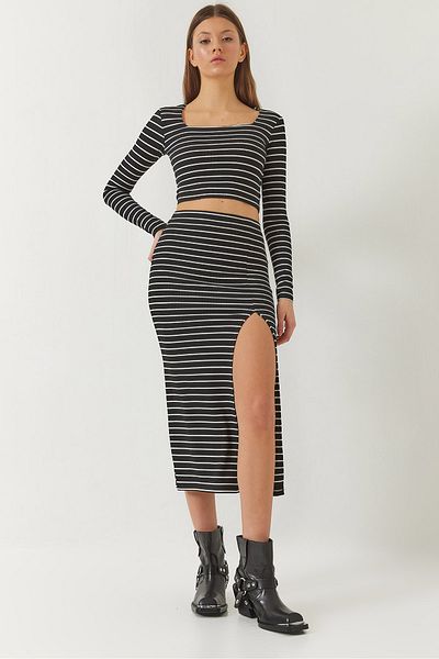 Bianco Lucci Women's Square Neck Long Sleeve Slit Detail Striped Skirt Bottom-Top Set 60261083