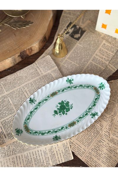KAISER Stamp Herend Equivalent Patterned Gold Gilded Antique Green Floral Porcelain Boat Plate