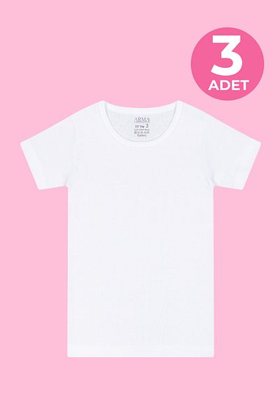 Arma Yıldız 3 Pcs Girls' Undershirt Short Sleeve T-Shirt Round Neck White 100% Cotton Rib