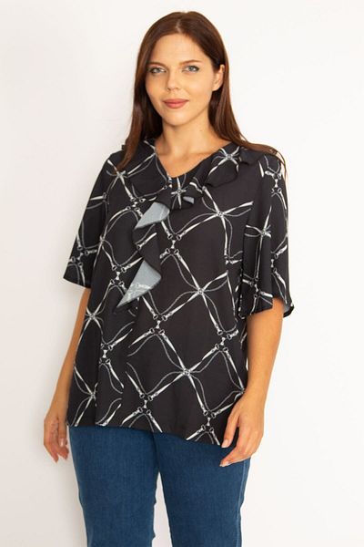 Şans Women's Large Size Black Collar Flounce Blouse 65n34574