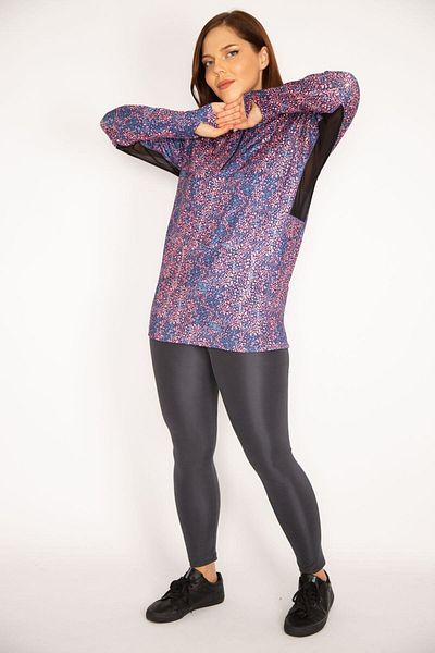 Şans Women's Large Size Colorful Front Placket Zippered Underarm Tulle Detailed Sports Swaetshirt 65n34944