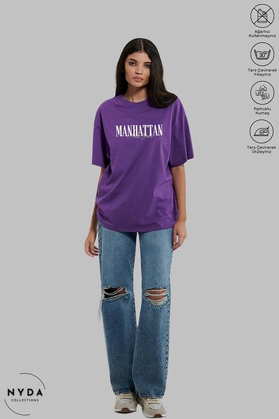 Nyda Collections Unisex Crew Neck New York Manhattan εμπριμέ βαμβακερό μπλουζάκι με κοντό μανίκι