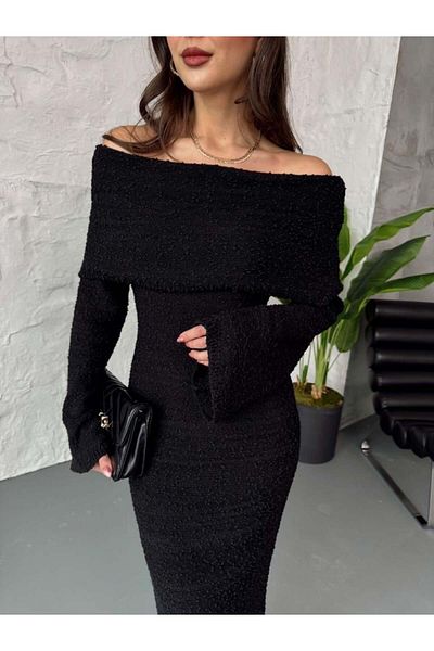 HARMONY GLOBAL Women's Black Madonna Midi Knitwear Dress Long Sleeve Textured