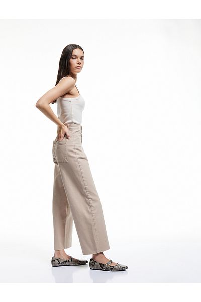 Koton Cotton Wide Fit Pockets Button Crop Wide Leg Denim Pants - Culotte Jean