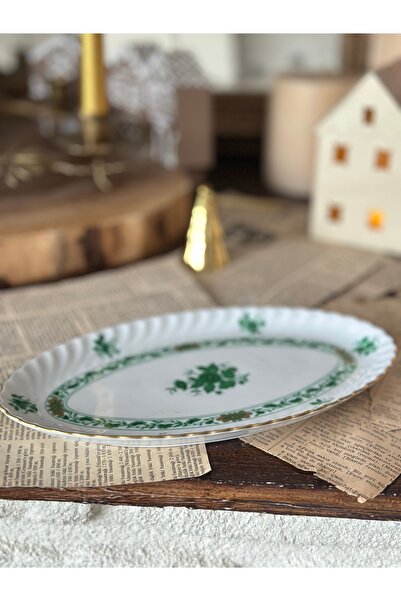 KAISER Damga Herend Muadil Desenli Altın Yaldızlı Antika Yeşil Çiçekli Porselen Kayık Tabak