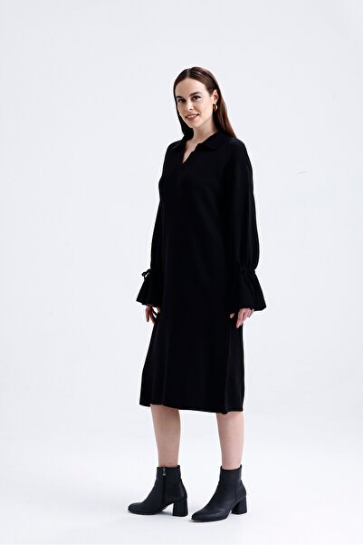 Askı Nişantaşı Black Crew Neck Hair Braided Knitwear Dress