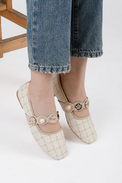 RENKLİBUTİK Daily Women's Stylish Buckle Ballerina Tweed Fabric Lightweight Comfortable Shoes