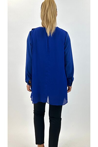 Ayda Triko Zero Collar Crepe and Chiffon Pleat - Stone Embellished Plus Size Blouse