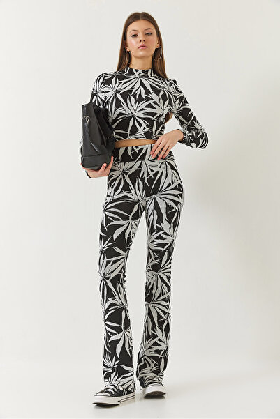 Bianco Lucci Set crop cu mânecă lungă cu jumătate de gât țesut pentru femei, cu pantaloni cu talie elastică 60261375