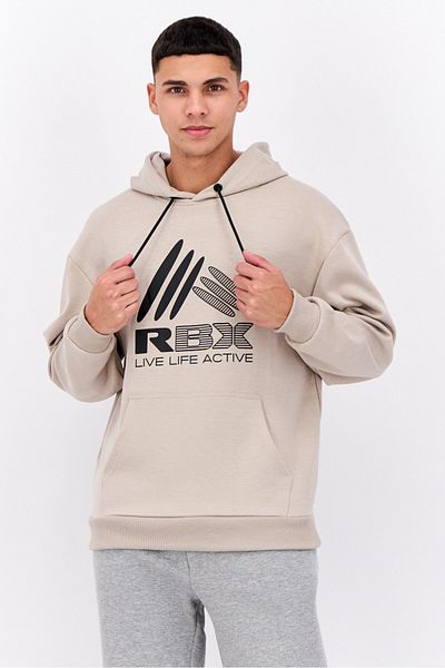 RBX Men Sportswear Fit Long Sleeve Outdoor Hooded Sweatshirts, Tan