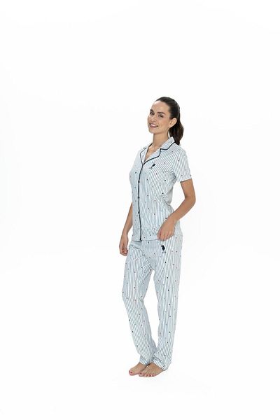 U.S. Polo Assn. Costum de pijama pentru femei Polo US 100% bumbac, guler de cămașă, mânecă scurtă, dungi