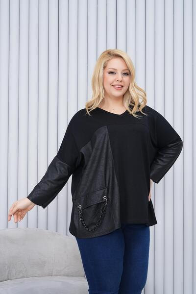 Siyezen Plus Size Oversize Blouse with Leather and Chain Detail