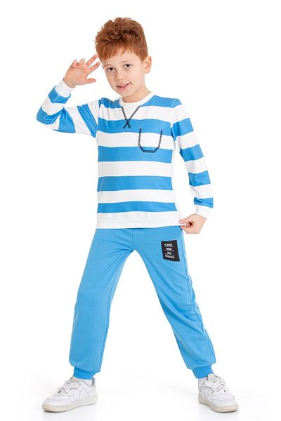 CiciTime Çocuk Modası Boy's Karyoka Embroidered Striped Blue Tracksuit Set