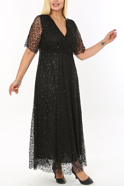 Arden Siyah Büyük Beden Uzun Abiye, Simli File Dantel, Kruvaze V Yaka, Kısa K...
