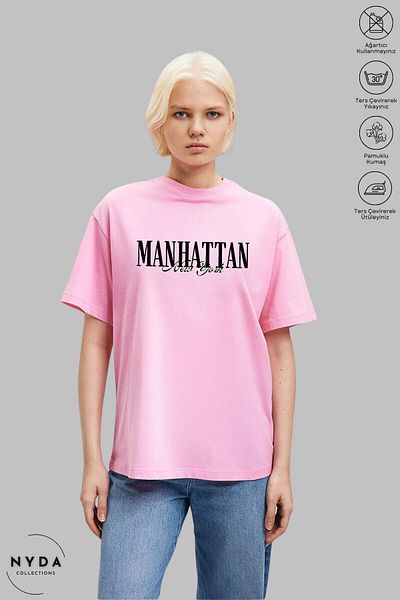Nyda Collections Unisex Crew Neck New York Manhattan εμπριμέ βαμβακερό μπλουζάκι με κοντό μανίκι