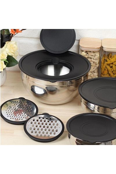 AROW Pratico 9 Piece Set - 16-20-24cm Storage and Mixing Container with Grater