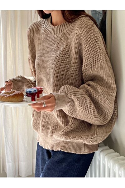 Dier Moda Kadın Selanik Örgü Bej Oversize Kazak, Kadın Kazak