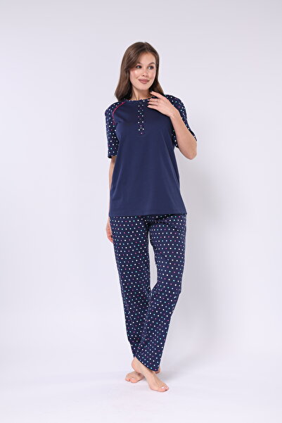 Mio Vero Navy Blue Fuchsia Green Polka Dot 100% Cotton Button Placket Lapel Short Sleeve Women's Pajamas Set with Pockets