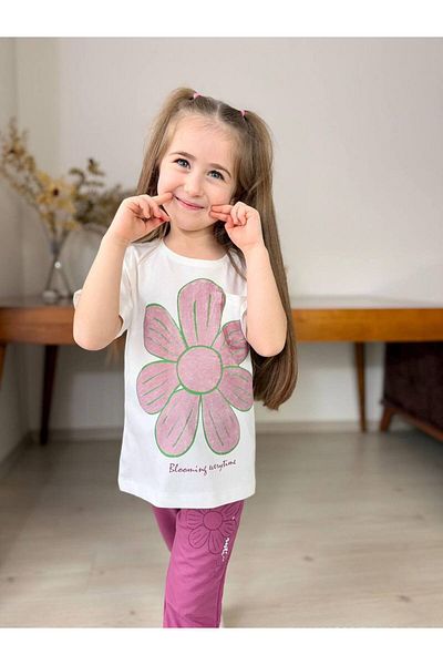 ARBİ kids Girl's Flower Printed Pink Short Sleeve Bottom - Top Set