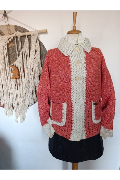 Hippybutik Yavruağzı ve Su Yeşili El Örgüsü Tüvit Görünümlü Yakalı Astarsız C...