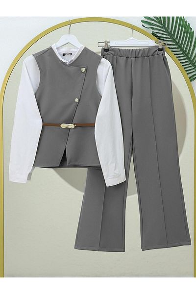 MACMODA Wide Leg Trousers Suit with Vest Belt