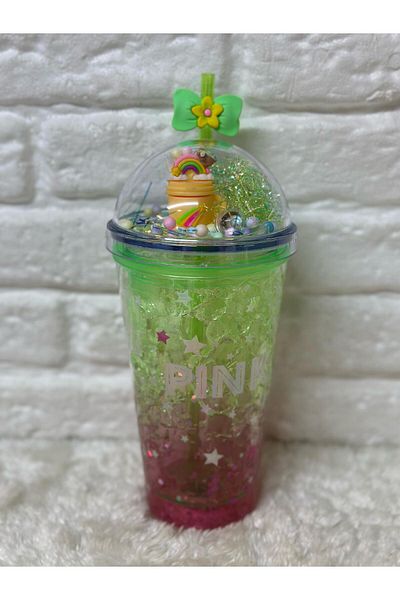 Zizu Colorful Mica Lighted Double Layer Glass Water Bottle with Straw 500 ml