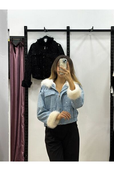 Butik mavi tüylü ceket
