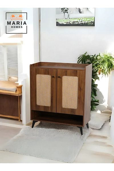 MARIA HOMES Modern Wooden Storage Cabinet – 100x94x33 cm – Rattan Doors, Metal Legs – Stylish for Home & Office