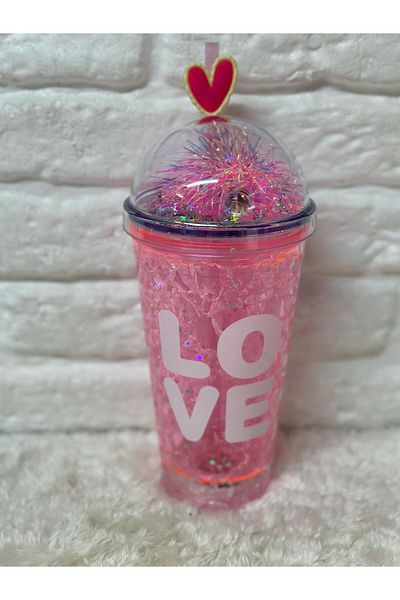 Zizu Colorful Mica Lighted Double Layer Glass Water Bottle with Straw 500 ml