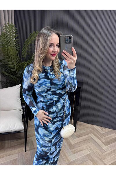 Byelifdursun Drapeli Tül Elbise Mavi