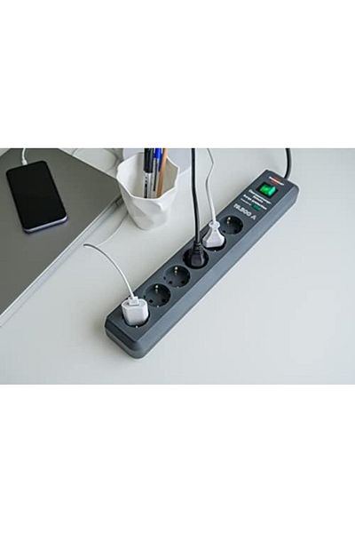 STOREMAX Rom Secure-Tec Multi-Socket, with 6-Way High-Voltage Protection (Socket with Cable 2 m and Switch, Germany