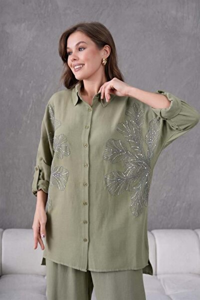 BURRASCA NAKIŞ İŞLEMELİ KETEN GÖMLEK