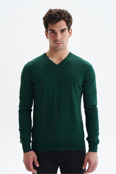 Arma Men's Green Slim Fit Lycra Cotton Knitted V-Neck Sweater Sweater K0Kro0854