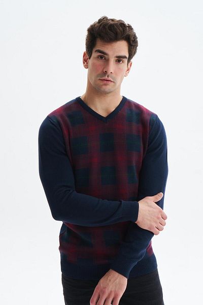 Arma Navy Blue Slim Fit Men's Sweater Fabric - V-Neck Checkered K0Kro0860
