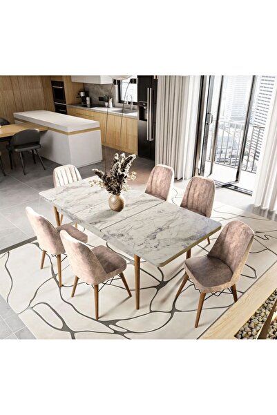 UZMHOME EZGİ 6 Kişilik Açılır Masa Sandalye Takımı Mutfak Masası Takımı Salon...