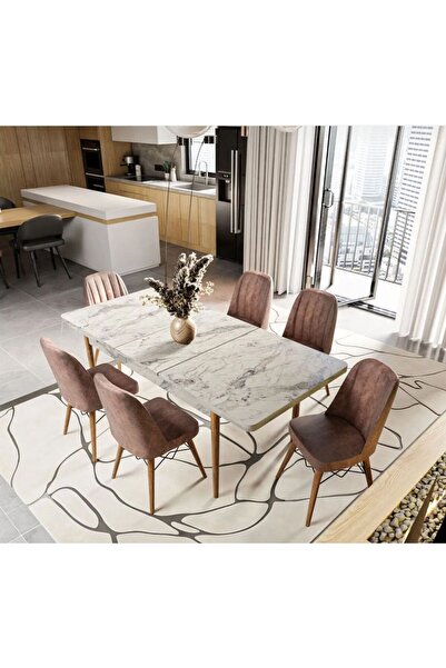 UZMHOME EZGİ 6 Kişilik Açılır Masa Sandalye Takımı Mutfak Masası Takımı Salon...