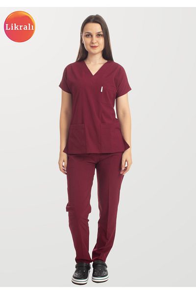 Simirna Üniforma Claret Red Premium Fabric Lycra Surgical Doctor Nurse Jersey Scrubs Suit