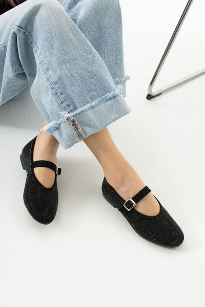 Neva'nın Butiği Glitter Round Toe Flat Sole Tape Detailed Stone Daily Use Ballerinas - Black