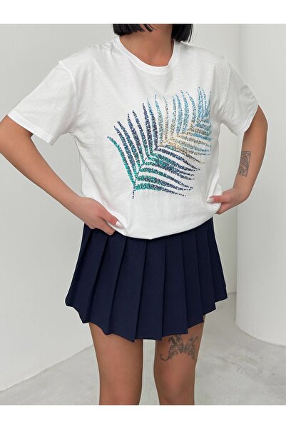 Butik Serdivan Women's Leaf Patterned T-Shirt - T-Shirt and Pantalon 100% Cotton