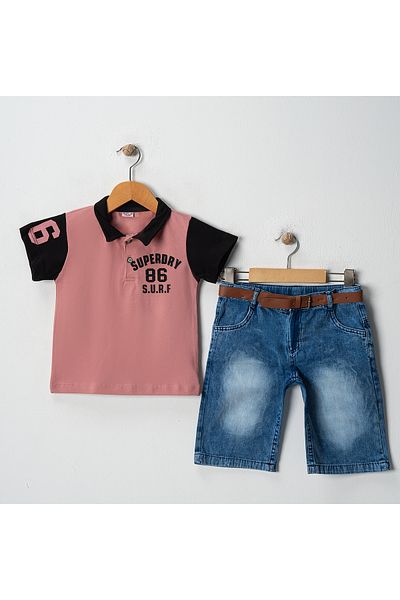 Bulut Baby Boy's Superdryo Printed Polo Neck T-Shirt Denim Shorts 2 Piece Set