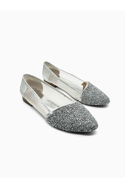 MAGGIO Women's Silver Small Stoned Mesh Ballerinas